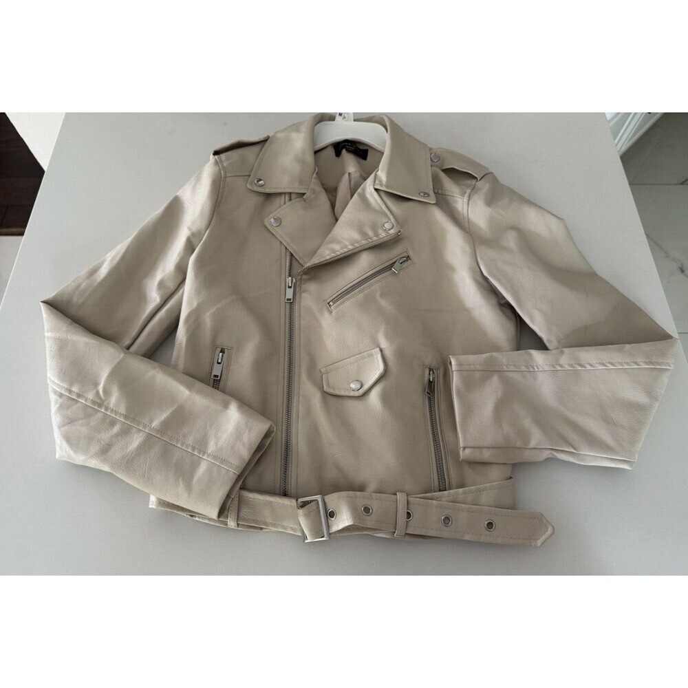 Women's motorcycle Vegan PU Leather Zip-Up Jacket taupe size Medium Love tree